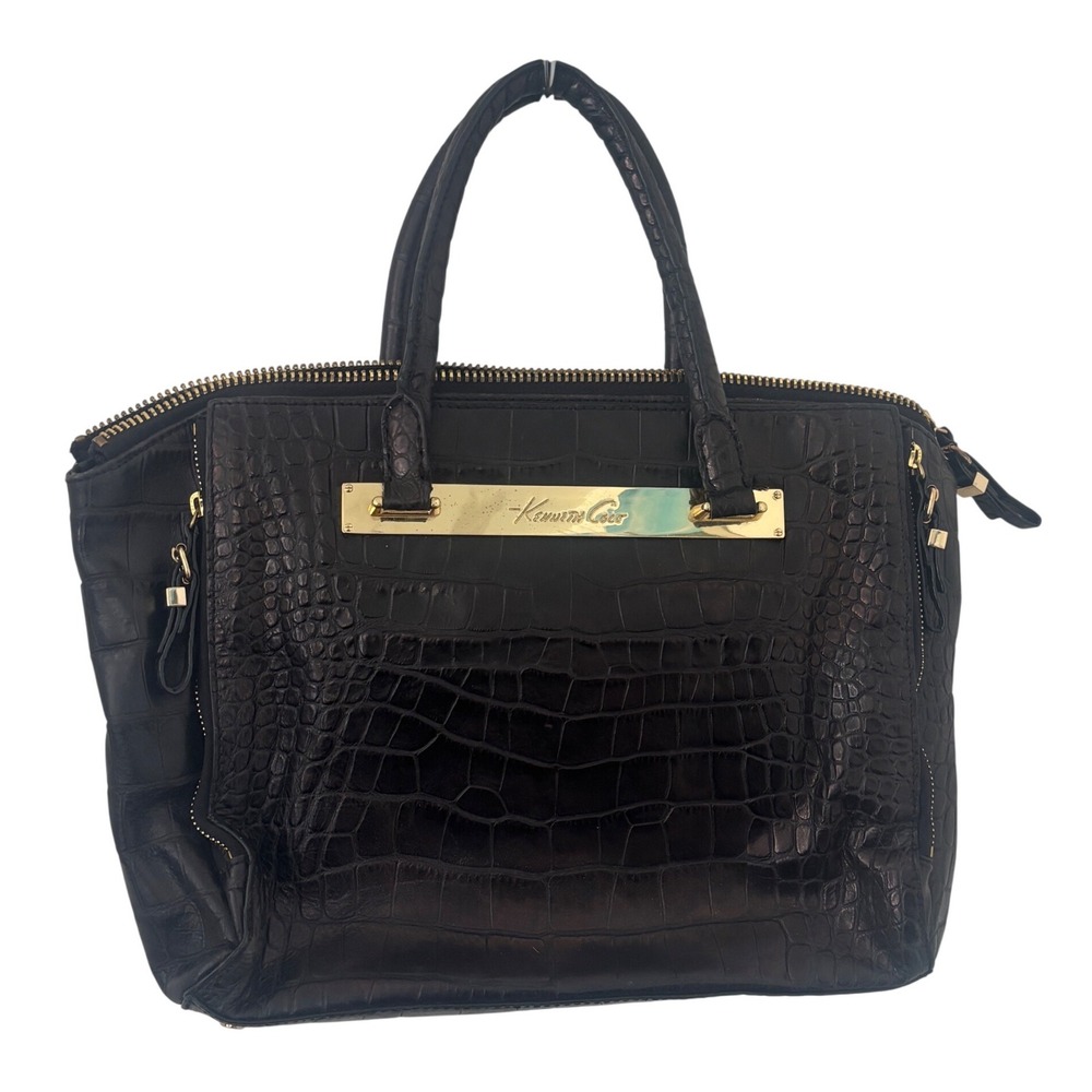 Kenneth Cole Satchel Women Black Croc Embossed Faux Leather Gold Hardware Good